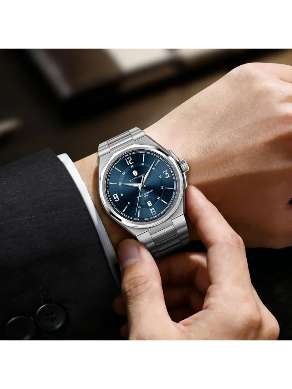 Men's Silver/Blue Numeral Dial Stainless Steel Strap Analog Quartz Wrist Watch